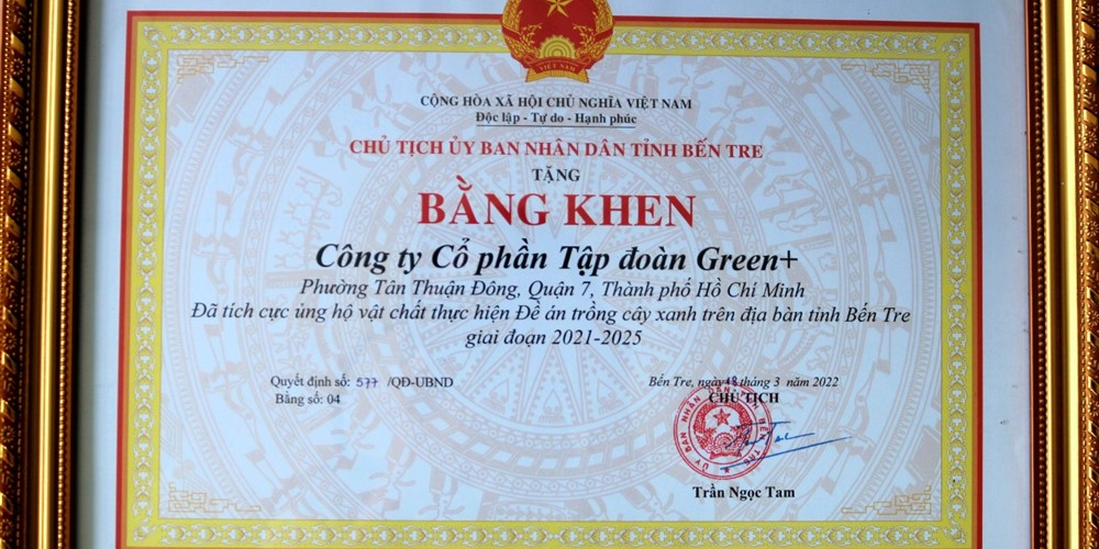 Tập đoàn Green+ Vinh dự nhận bằng khen của tỉnh Bến Tre