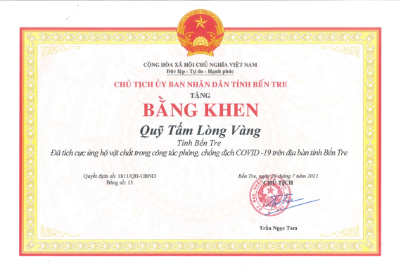 Bằng Khen Qũy Tấm Lòng Vàng