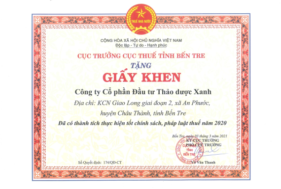 Bằng khen Cục Thuế Tỉnh Bến Tre
