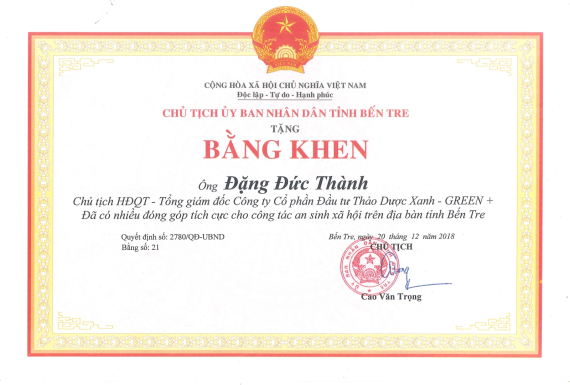 Bằng khen từ UBND tỉnh Bến Tre