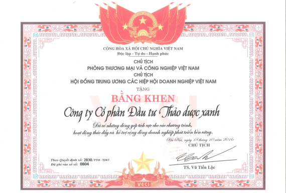 Bằng khen CT  Phòng TM và Công Nghiệp VN