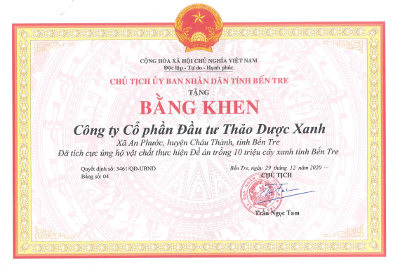 Bằng khen từ UBND tỉnh Bến Tre