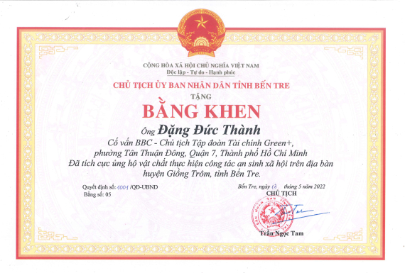Bằng khen từ UBND tỉnh Bến Tre