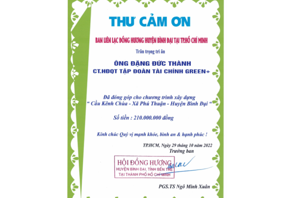Thư cảm ơn Ban liên lạc đồng hương H.Bình Đại tại TPHCM