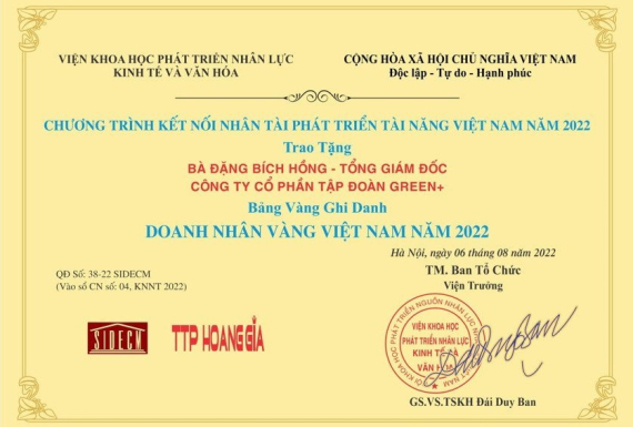 Bảng vàng ghi danh Doanh Nhân Vàng Việt Nam 2022