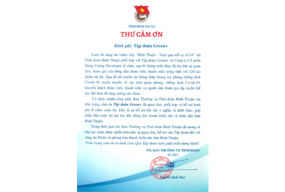 Thư cảm ơn BTV Tỉnh Đoàn Bình Thuận