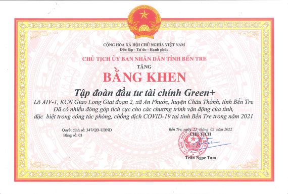 Bằng khen từ UBND tỉnh Bến Tre