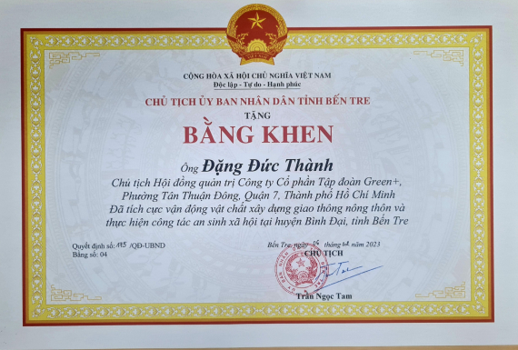Bằng khen  của Chủ tịch UBND Tỉnh Bến Tre
